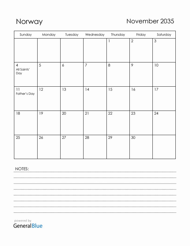 November 2035 Norway Calendar with Holidays (Sunday Start)