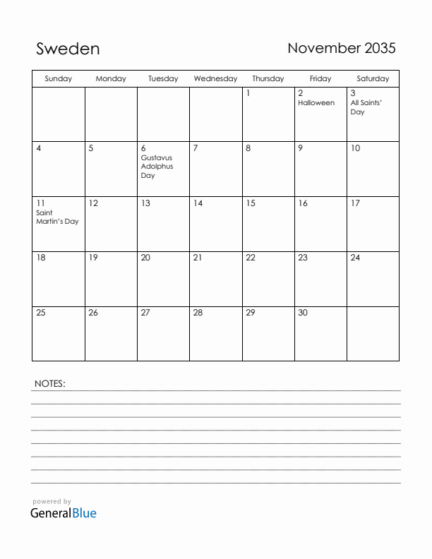 November 2035 Sweden Calendar with Holidays (Sunday Start)