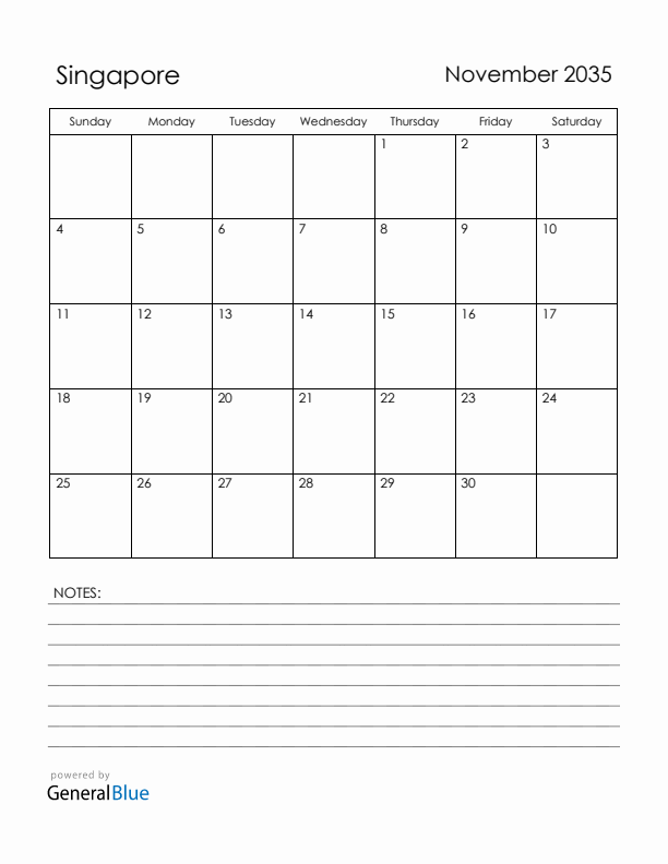 November 2035 Singapore Calendar with Holidays (Sunday Start)