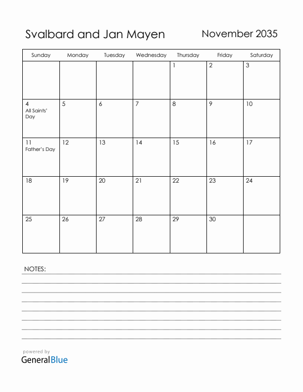 November 2035 Svalbard and Jan Mayen Calendar with Holidays (Sunday Start)