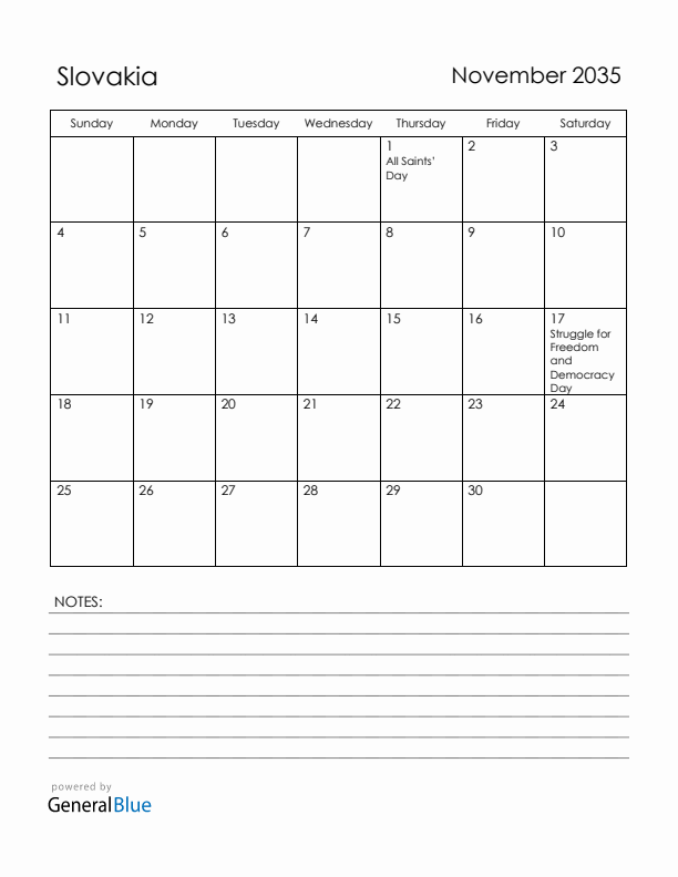 November 2035 Slovakia Calendar with Holidays (Sunday Start)