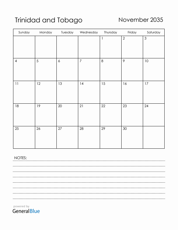 November 2035 Trinidad and Tobago Calendar with Holidays (Sunday Start)