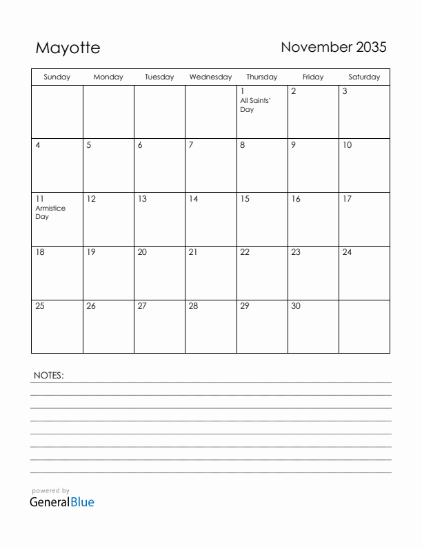 November 2035 Mayotte Calendar with Holidays (Sunday Start)