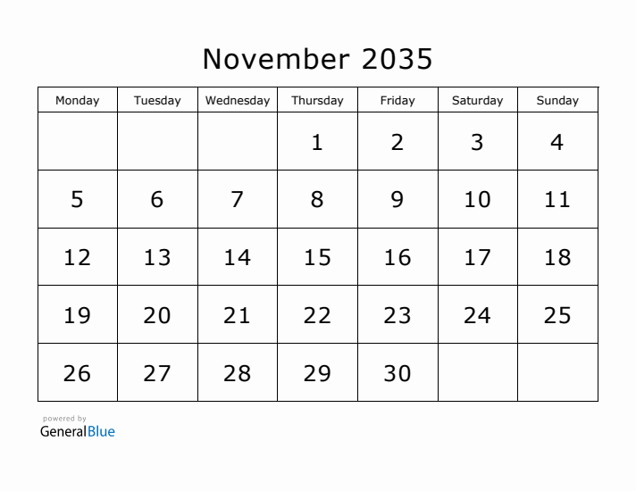 Printable November 2035 Calendar - Monday Start