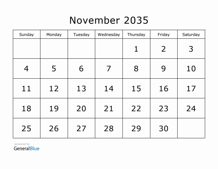 Printable November 2035 Calendar - Sunday Start