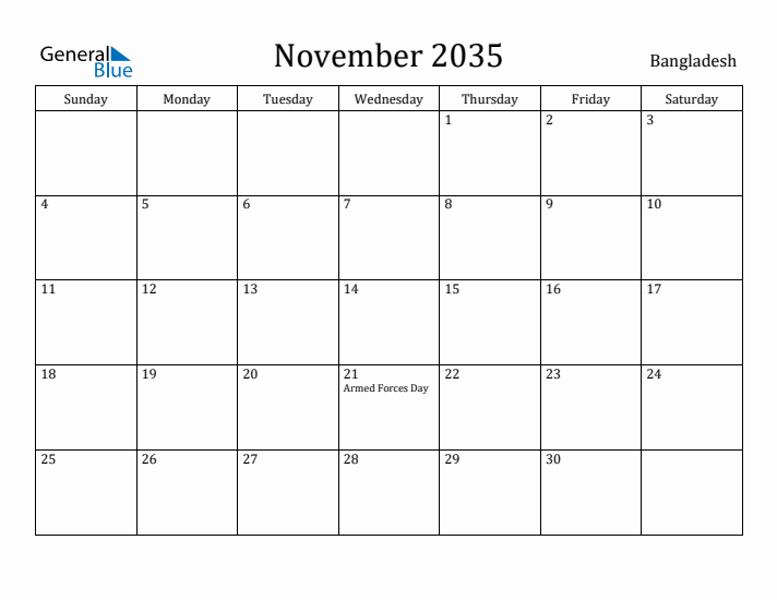 November 2035 Calendar Bangladesh