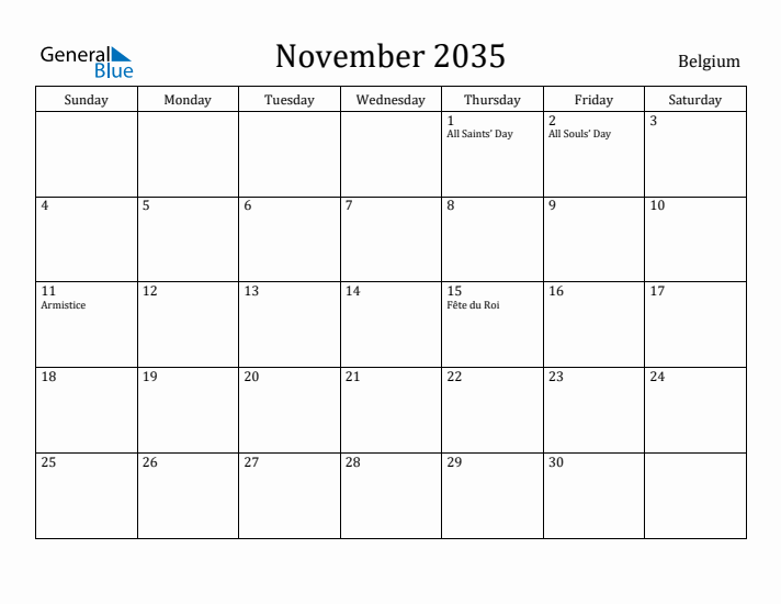 November 2035 Calendar Belgium