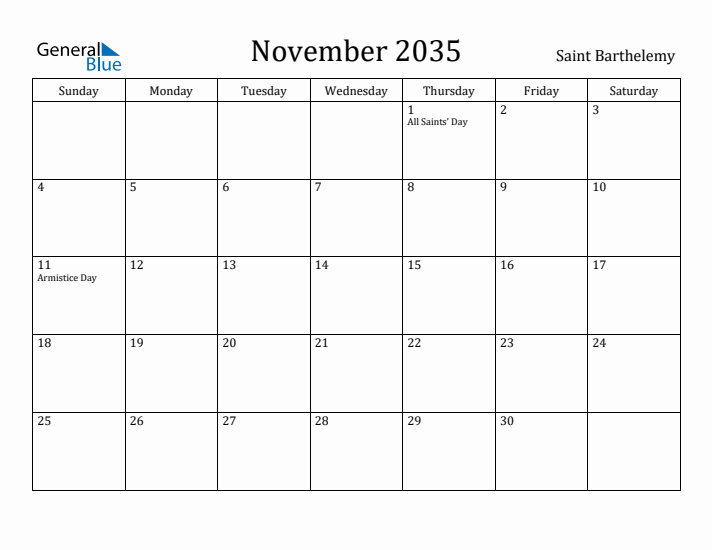 November 2035 Calendar Saint Barthelemy