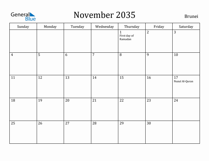 November 2035 Calendar Brunei