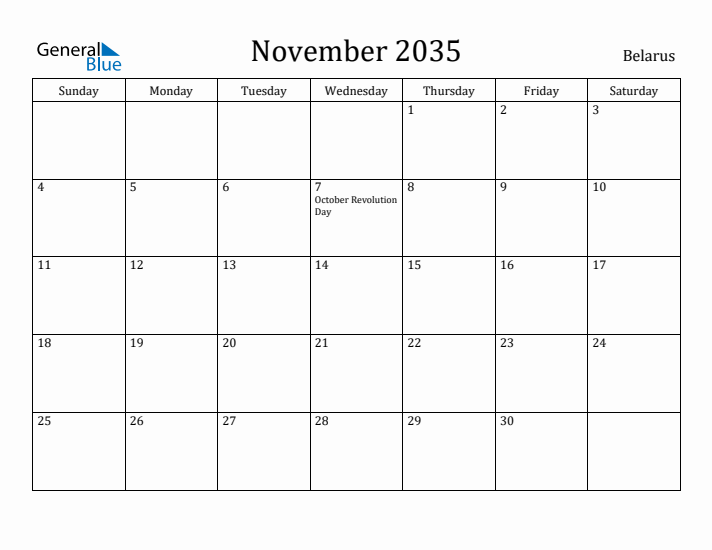November 2035 Calendar Belarus