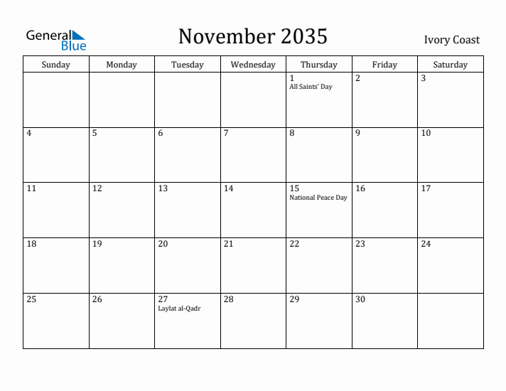 November 2035 Calendar Ivory Coast