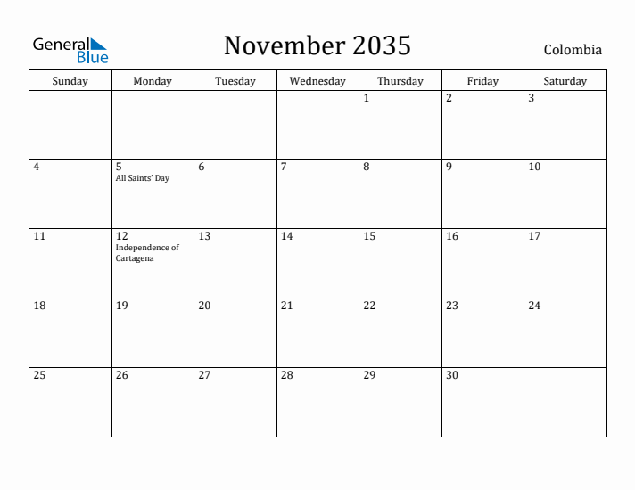 November 2035 Calendar Colombia
