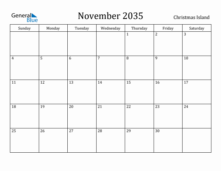 November 2035 Calendar Christmas Island