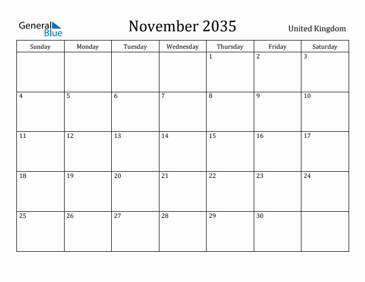 November 2035 Calendar United Kingdom
