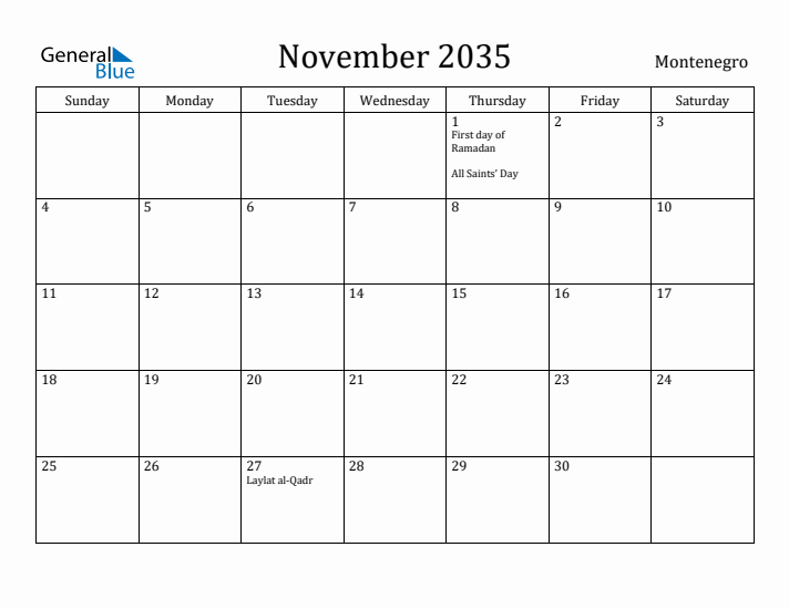 November 2035 Calendar Montenegro