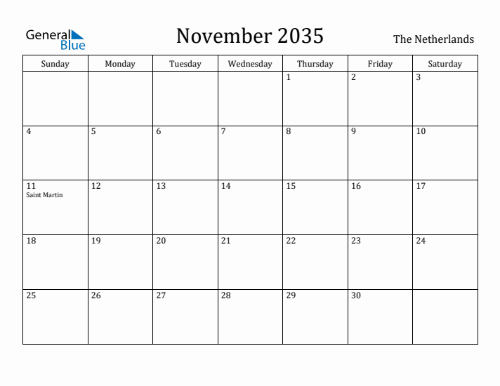 November 2035 Calendar The Netherlands