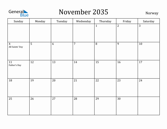 November 2035 Calendar Norway