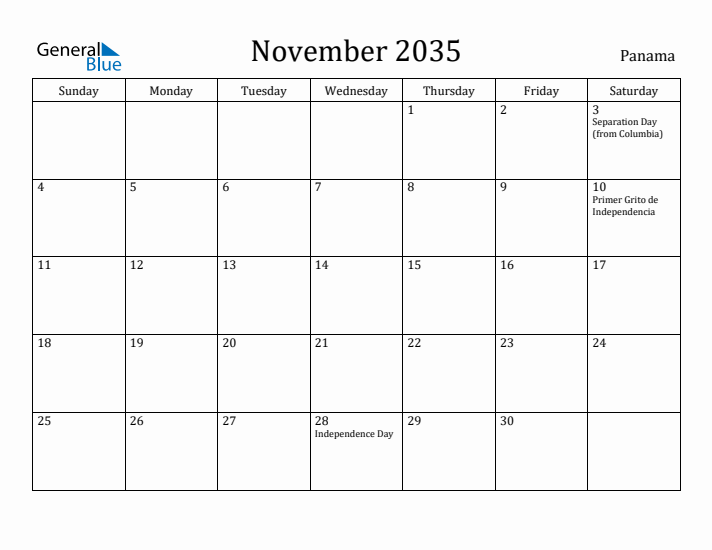 November 2035 Calendar Panama
