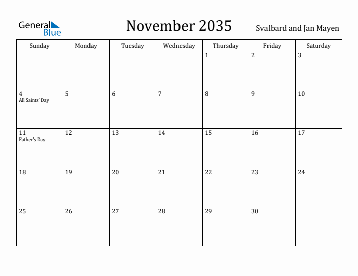 November 2035 Calendar Svalbard and Jan Mayen