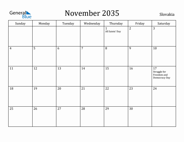 November 2035 Calendar Slovakia