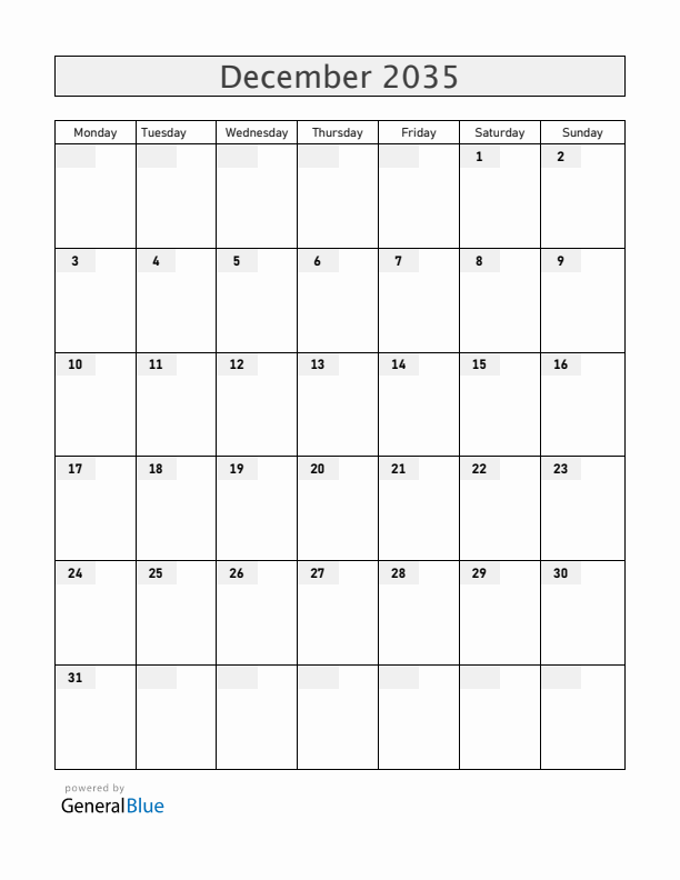 Blank December 2035 Calendar