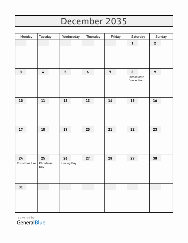 Andorra December 2035 Calendar with Holidays