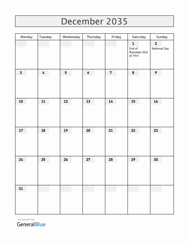 United Arab Emirates December 2035 Calendar with Holidays
