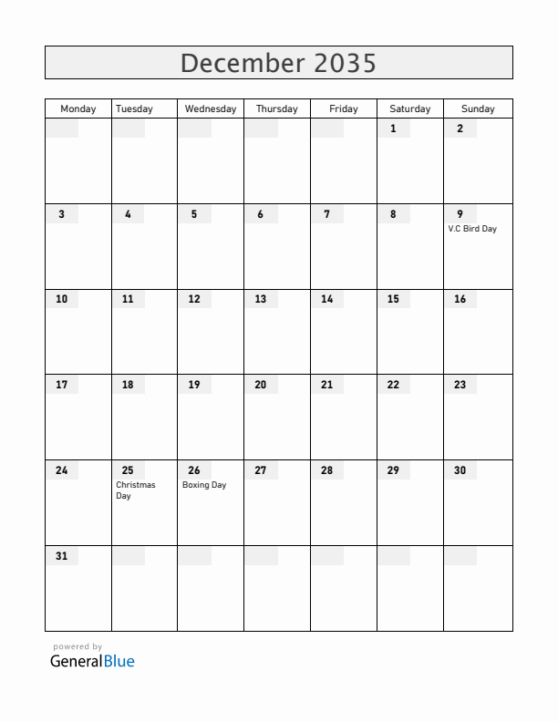 Antigua and Barbuda December 2035 Calendar with Holidays