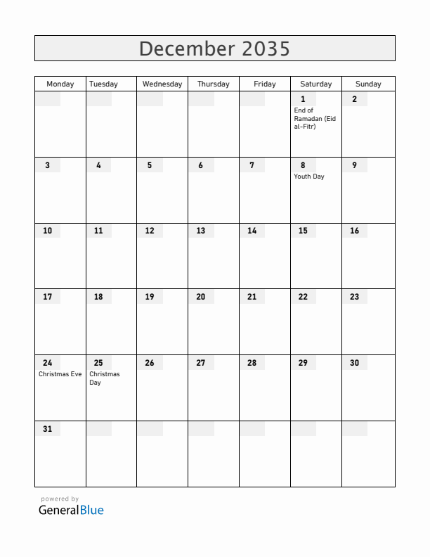 Albania December 2035 Calendar with Holidays