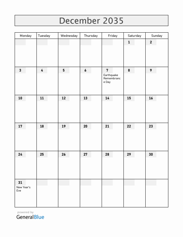 Armenia December 2035 Calendar with Holidays