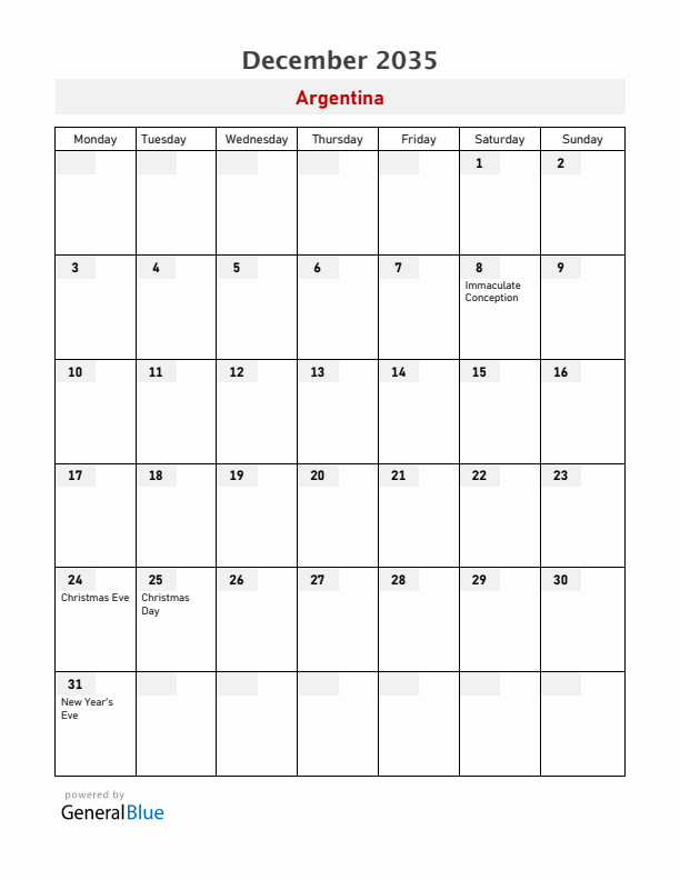 Argentina December 2035 Calendar with Holidays