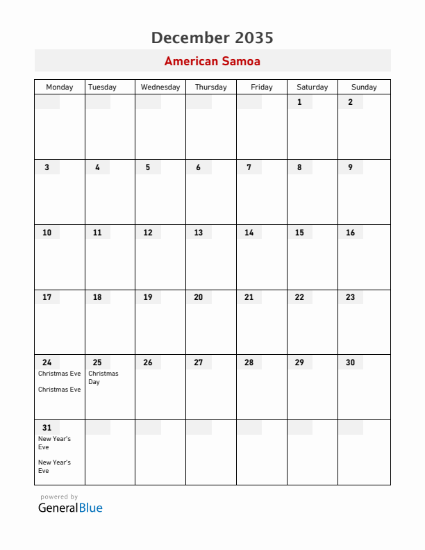 American Samoa December 2035 Calendar with Holidays