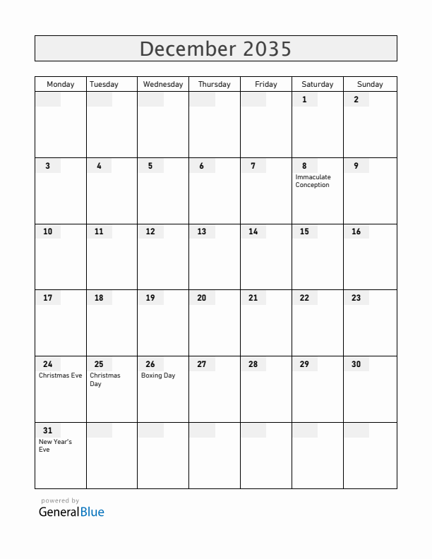 Austria December 2035 Calendar with Holidays