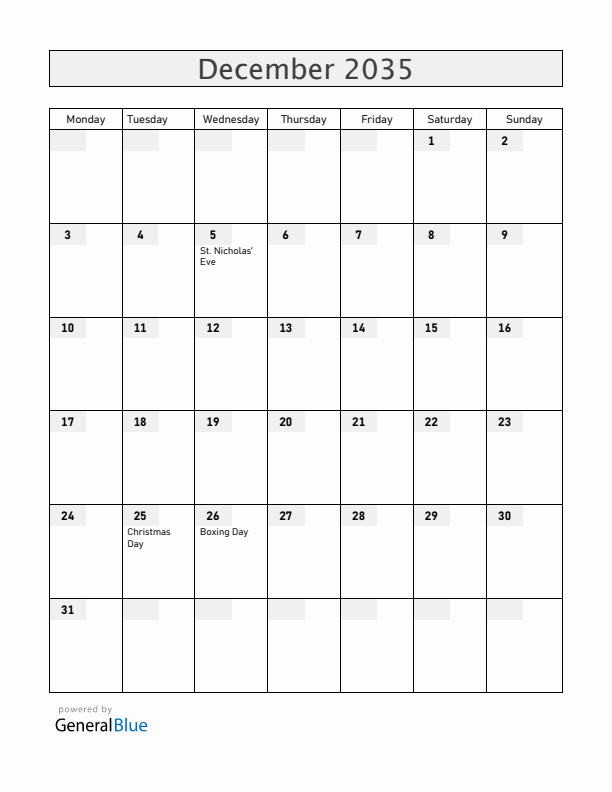 Aruba December 2035 Calendar with Holidays