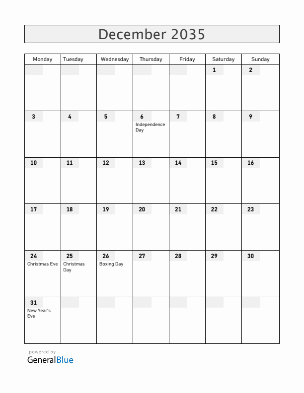 Aland Islands December 2035 Calendar with Holidays