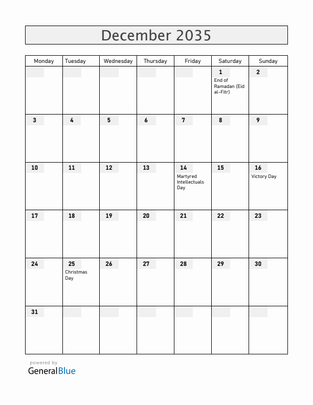 Bangladesh December 2035 Calendar with Holidays