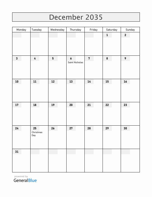 Belgium December 2035 Calendar with Holidays