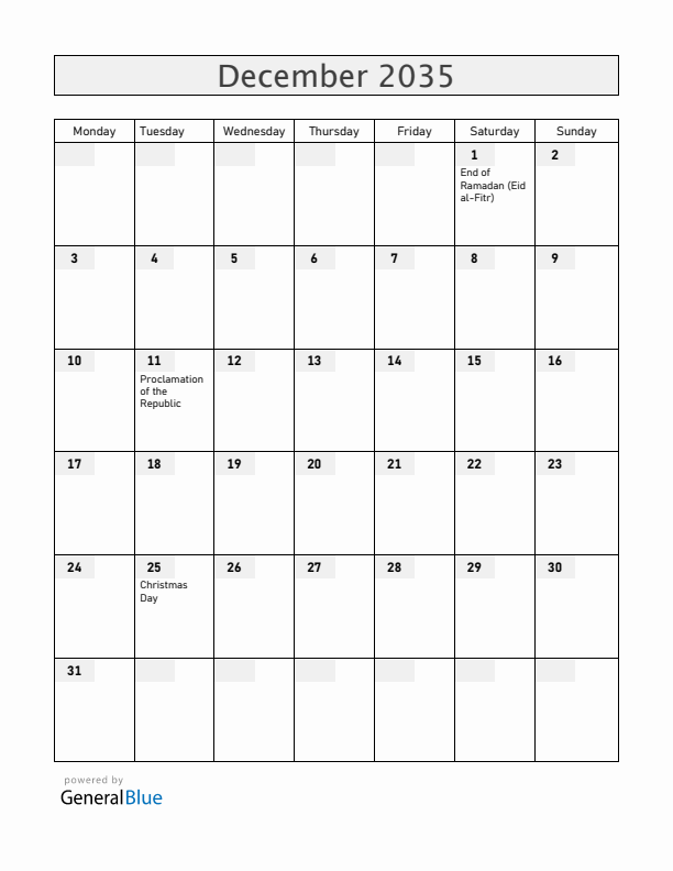 Burkina Faso December 2035 Calendar with Holidays