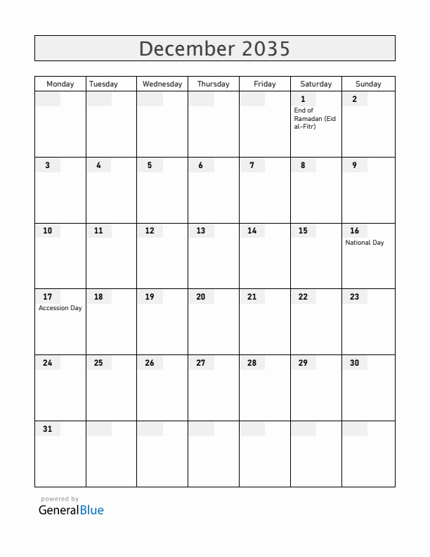 Bahrain December 2035 Calendar with Holidays