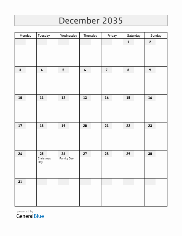 Botswana December 2035 Calendar with Holidays