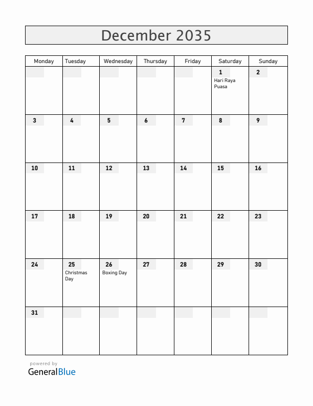 Cocos Islands December 2035 Calendar with Holidays