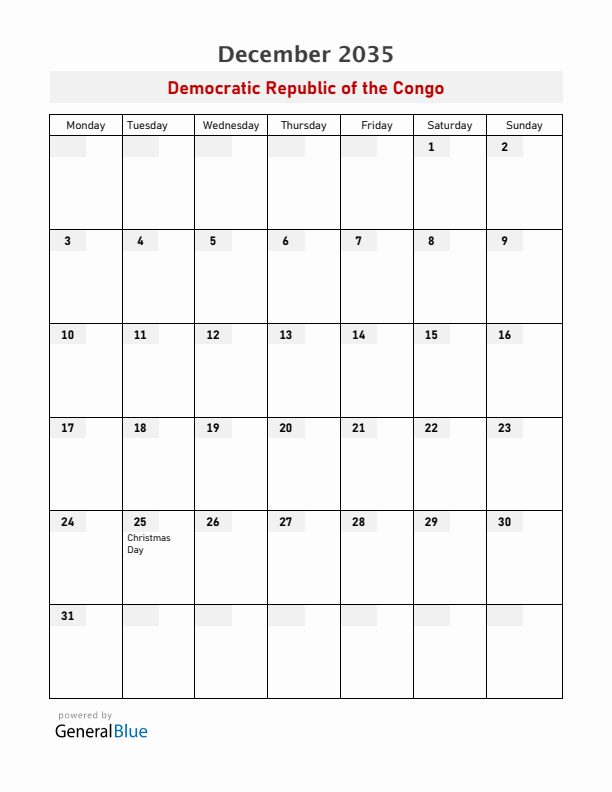 Democratic Republic of the Congo December 2035 Calendar with Holidays
