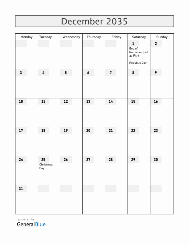 Central African Republic December 2035 Calendar with Holidays