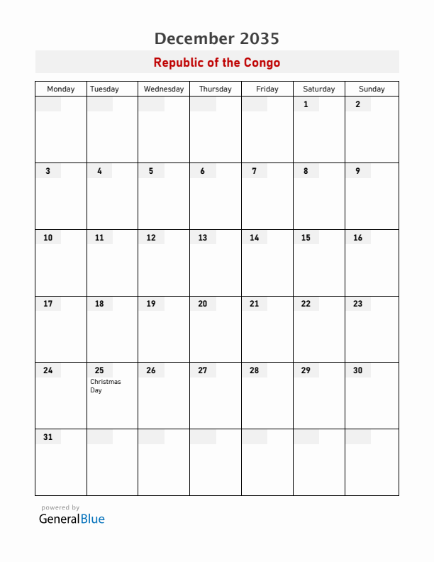 Republic of the Congo December 2035 Calendar with Holidays