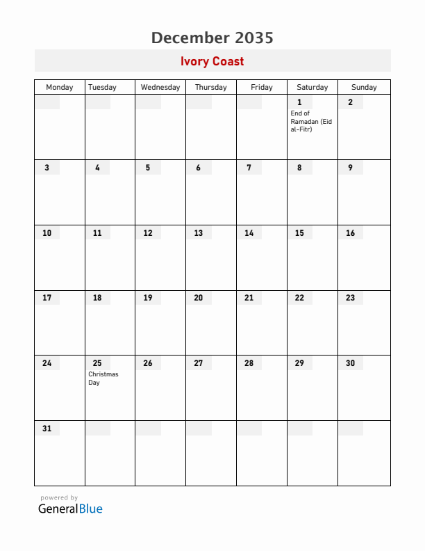 Ivory Coast December 2035 Calendar with Holidays