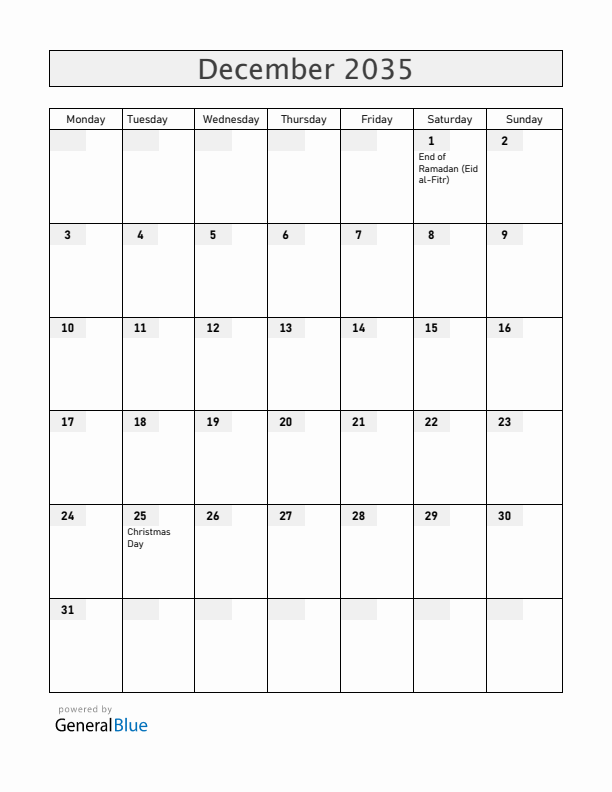 Cameroon December 2035 Calendar with Holidays