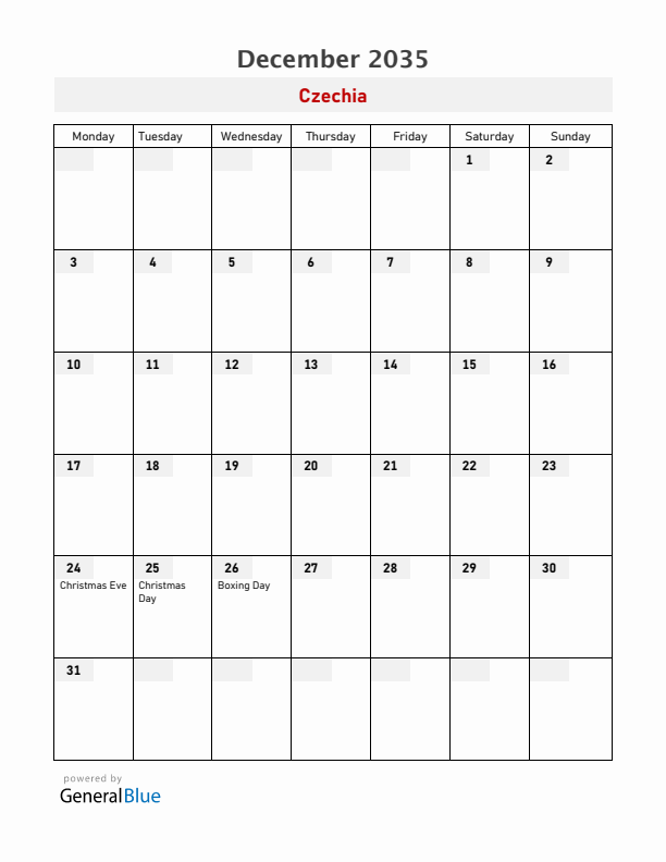 Czechia December 2035 Calendar with Holidays