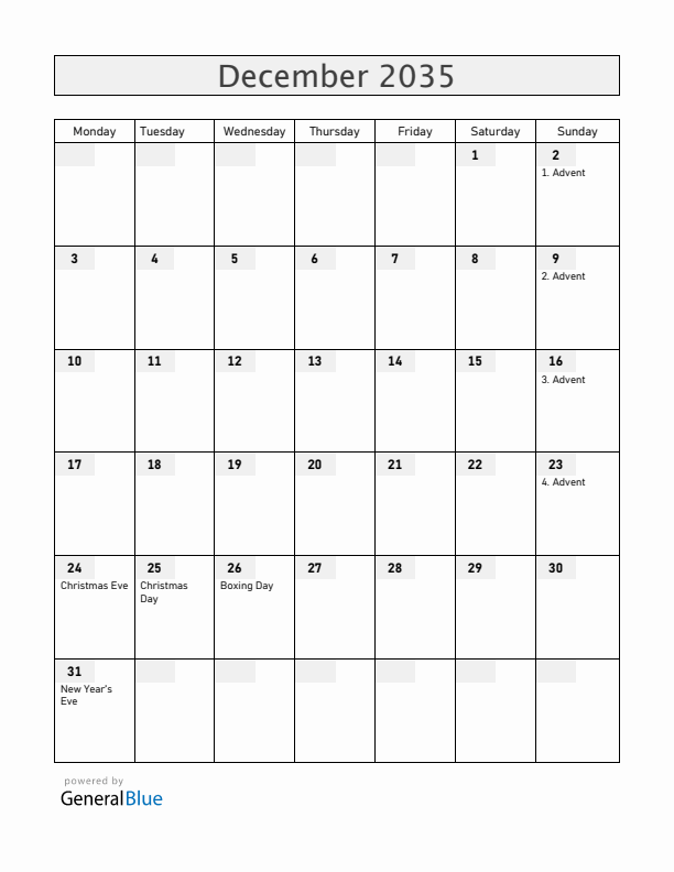 Germany December 2035 Calendar with Holidays
