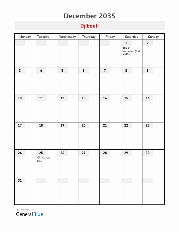 Djibouti December 2035 Calendar with Holidays