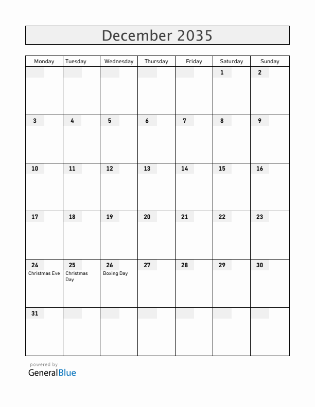 Denmark December 2035 Calendar with Holidays